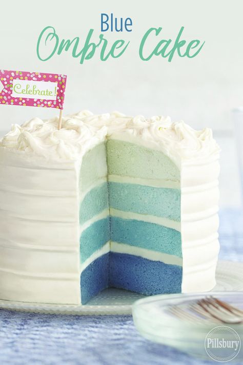 This Blue Ombre Cake from Pillsbury Baking is easy to make with just a few drops of food coloring! Try this impressive dessert recipe for your next party. Blue Ombre Cake, Bolo Red Velvet, Impressive Desserts, Ombre Cake, Blue Cakes, Blue Food, Gender Reveal Cake, Reveal Ideas, White Cake