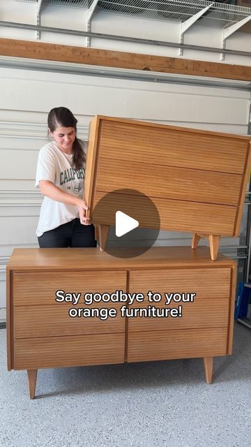 Jenna Townsend | Furniture Flips + DIY on Instagram: "The most perfect chocolate brown stain color 😍 Comment STAIN for all the products sent straight to your inbox!

This 1950’s orange dresser got a brand new look with this furniture makeover! 

#furnituremakeover #woodstain #darkwalnut #vintage #diy #furnitureflip #dressermakeover #mcm #modernfurniture #mcmfurniture" Diy Mcm Dresser Makeover, Orange Oak Furniture Makeover, Mcm Credenza Makeover, Goldenrod Bedroom, Burnt Orange Furniture, Mid Century Modern Dresser Makeover, Credenza Makeover, Orange Dresser, Mcm Dresser