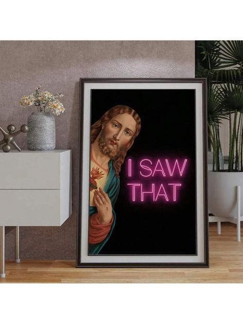 1pc, Funny Bathroom Wall Art, Jesus Poster Wall Art, Fashionable Neon Art Home Decor, Living Room Painting, Bedroom Decoration Painting, 50*70cm (19.7*27.5in) Unframed A Modern   Canvas Figure,Letter    Home Decor, size features are:Bust: ,Length: ,Sleeve Length: Beauty Room Signs, Neon House Decor, Street Style Decor, Pop Art Decor Interior Design, She Cave Ideas For Women, Pop Art Room Decor, Pop Art Bedroom, Room Painting Bedroom, Pop Art Bathroom