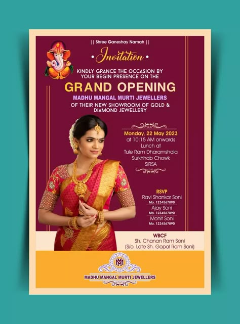 DOWNLOAD This is a template description for a Jewellery Shop Grand Opening Invitation Card template that is available for download in CDR and PSD file formats. The template is designed to help jewellery shop owners create elegant and attractive invitation cards for their grand opening event. With a luxurious and eye-catching design, this template showcases the […] Jewellery Shop Opening Invitation Card Design, Shop Opening Invitation Card Design Creative, Jewellery Shop Opening Invitation, Salon Opening Invitation Card, Shop Opening Invitation Card Design, Corporate Invitation Card Design, Shop Grand Opening, Shop Opening Invitation Card, Luxury Invitation Design