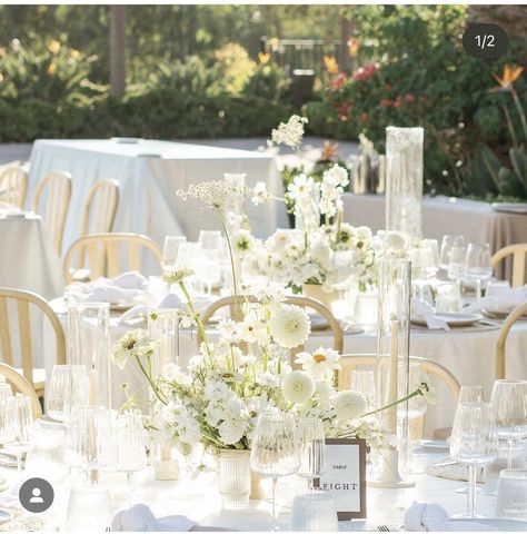 Round Wedding Table Inspiration, Modern White Floral Wedding, Wedding Round Table Flowers, Round Wedding Table Settings, White And Green Floral Centerpieces, White Whimsical Wedding, Round Wedding Table Decor, Wedding Table Decorations Round Tables, Wedding Round Table Settings