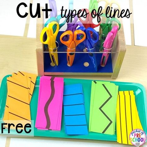 Prek Line Up Ideas, Centers Ideas For Preschool, Lines Kindergarten Activities, Pre Literacy Activities Preschool, Kindergarten Cricut Projects, Preschool Motor Activities, Pre K Montessori Activities, Learn To Cut With Scissors, Quick Preschool Activities