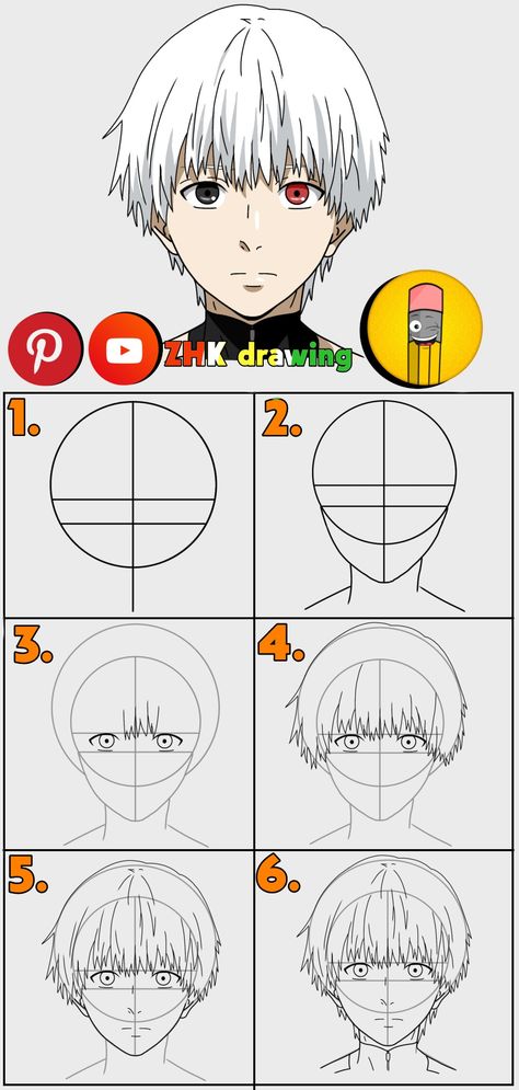 Subscribe to my channel for more tutorial #kenkaneki #tokyoghoul #anime #drawing #draw #tutorial Drawing Anime Head Step By Step, Anime Drawing Tricks, How To Create Anime, How To Make Anime Face, How To Anime, How To Draw Anime Tutorials, Tokyo Ghoul Drawing Easy, How To Draw Hair Male Step By Step, How To Draw An Anime Face