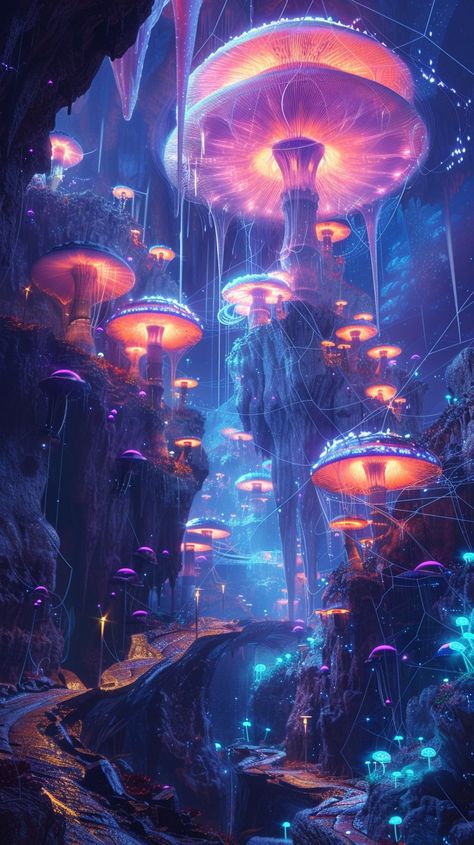 Luminous Jellyfish Forest: A mesmerizing digital artwork showcasing a vibrant, neon-lit underwater scene with glowing jellyfish-like structures. #underwater #neon #jellyfish #digital artwork #bioluminescence #aiart #aiphoto #stockcake ⬇️ Download and 📝 Prompt 👉 https://ayr.app/l/Rsbx Bioluminescent Fantasy Creatures, Bioluminescent Creature Concept Art, Lunar Punk, Bioluminescence Aesthetic, Magical Jellyfish, Bioluminescent Animals, Autumn Writing, Dnd Places, Bioluminescent Jellyfish