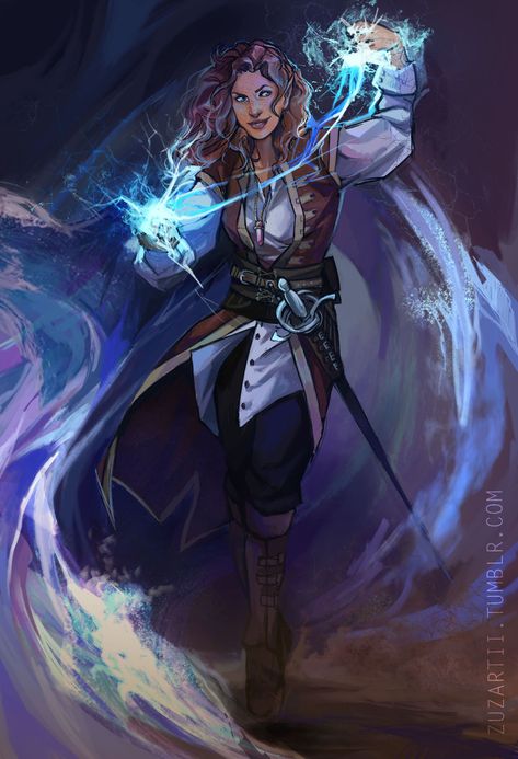 Storm Sorcerer, Sorcerer Art, Elf Sorcerer, Sea Elf, Dnd Sorcerer, Wine Hair Color, Half Elf, Wine Hair, Dungeons And Dragons Characters