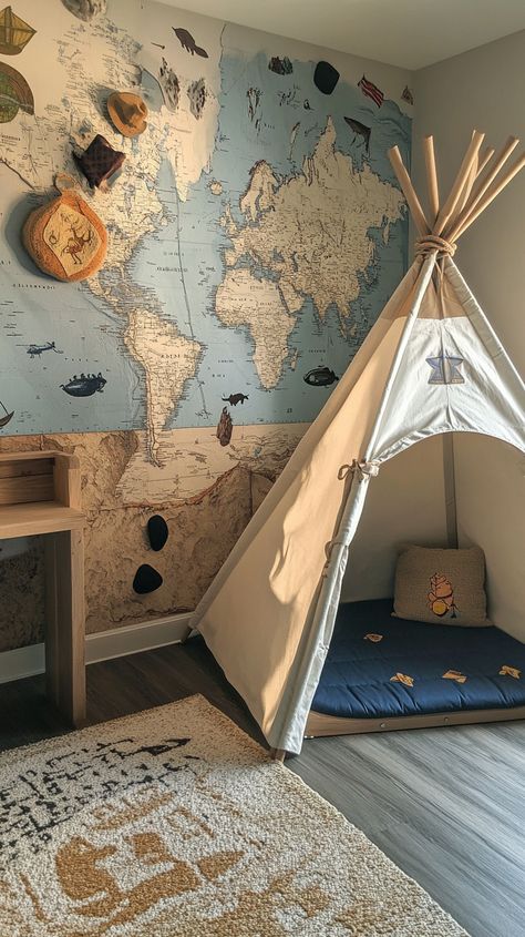 Ignite your child's adventurous spirit with a Sagittarius-inspired playroom! 🚀🌍 Watch them climb the wall to new heights, explore a world map mural, and cozy up in a reading teepee. 📚✨ Unleash creativity at the explorer's desk. 🖍️✨ Perfect blend of energy and imagination for little adventurers! 🌟 Travel Theme Playroom, Reading Teepee, Adventure Boys Room, Safari Playroom, Explorer Bedroom, Map Mural, World Explorer, Adventure Room, World Map Mural