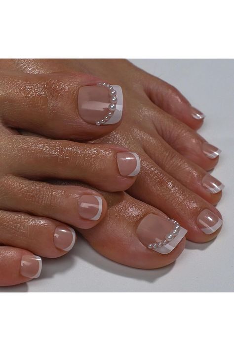 Press on Toenails Short for Women, Acrylic Square Toe Nail Press Ons Full Cover, 12 Sizes 24 Pcs French Tip Fake Toe Nails with 48 Pcs Jelly Stickers and Glue (French Pearls) Bridal Nails Wedding Short, Bride’s Nails, Short Bridal Nails Wedding, Bridal Toe Nails Wedding, Wedding Toenails, Nail Ideas For Bride, Natural Toenails, Bridal Toe Nails, Wedding Pedicure