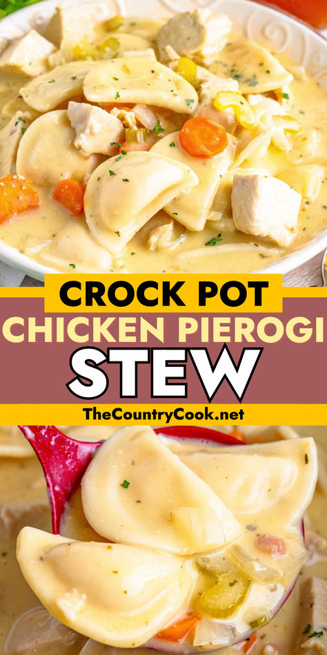 Crock Pot Chicken Pierogi Stew is a hearty and satisfying meal. So creamy and flavorful! Made with seasoned chicken and tender pierogis, it’s the perfect dinner for cooler weather! Creamy Perogie Chicken Soup, Creamy Chicken Pierogi Soup, Recipe For Perogies, The Country Cook Recipes Crock Pots, Chicken Soup In The Crockpot, Pierogi Soup Crock Pot, Chicken And Pierogies, Crock Pot Hearty Soups, Crock Pot Chicken And Veggies