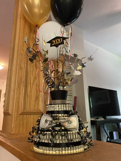 Cake For Graduation Party, Graduation Money Tree Ideas, Money Theme Party Decorations, Cash Cake Money Dollar Bills, Money Graduation Cake, 18th Birthday Money Cake, Money Cakes For Graduation, Money Graduation Gift Ideas For Guys, Graduation Theme Party Ideas High School