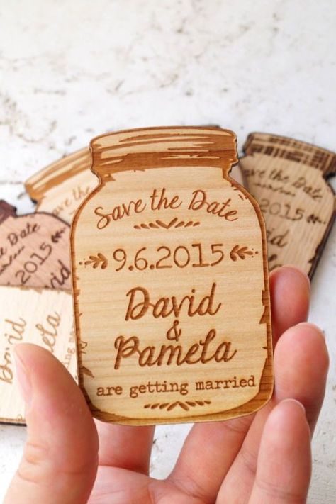 Set the scene for your country wedding by sending out these adorable Mason jar-inspired save the date magnets. Rancho Wedding, Laser Wedding, Country Wedding Reception, Wedding Jars, Jar Saving, Rustic Save The Dates, Arch Decoration Wedding, Rustic Fall Wedding, Wedding Announcement