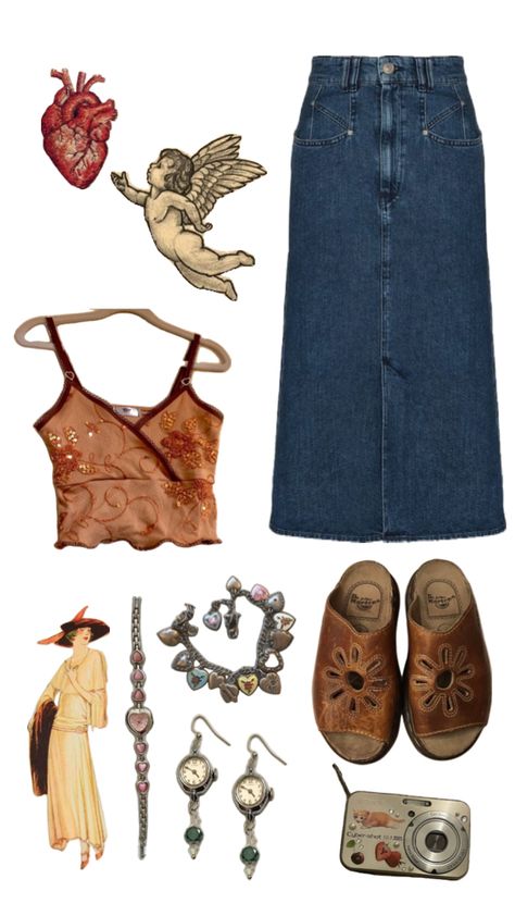 aesthetic outfit long skirt vintage second hand thrifted digicam top watch old flower sandals earrings Thrift Style Outfits, Outfit Long Skirt, 13 Outfits, Long Skirt Vintage, Sidewalk Sale, Bohemian Outfits, Watch Old, Thrift Haul, Flower Sandals