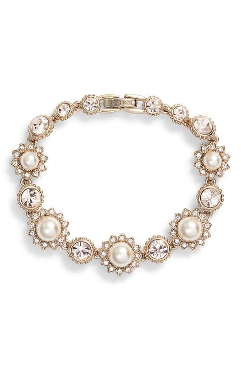 Free shipping and returns on Marchesa Imitation Pearl Line Bracelet at Nordstrom.com. Instant glamour is yours in this showy line bracelet that features starburst-framed imitation pearls and twinkling crystals. Filigree Bangle, Shoulder Necklace, Cream Silk, Marchesa, Pearl Size, Bridal Accessories, Pearl Bracelet, Pearl Jewelry, Womens Jewelry Bracelets