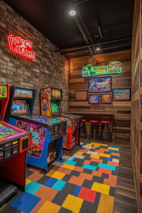 15 Unique Basement Ideas and Designs for Your Dream Space Game Room House Ideas, Basement Arcade Room, Basement Sports Bar Ideas, Arcade Basement, Unique Basement Ideas, Fun Basement Ideas, Basement Lounge Ideas, Basement Arcade, Basement Sports Bar