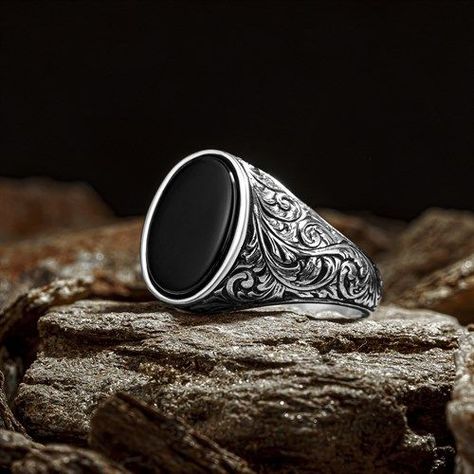 Turkish artisan handmade 925 sterling silver filigree mens ring with oval onyx gemstone Metal: 925 sterling silver Gemstone: Onyx Weight: 9,5 gram Ring dimension: 18 mm x 21 mm Stone dimension: : 12 mm x 16 mm Turkish Ring, Onyx Ring Men, Mens Ring Designs, Turkish Rings, Ring Trends, Ring Collection, Onyx Gemstone, Sterling Silver Filigree, Mens Ring