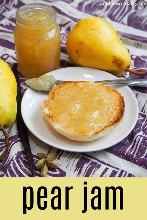 This pear jam is flavored with a hint of vanilla and cardamom that add a hint of warmth but let the pear flavors shine. Easy and delicious! #pear #jam Easy Pear Jam, Asian Pear Jam, Pear Jam Recipe, Asian Pear Recipes, Pear Recipes Easy, Asian Pears, Homemade Raspberry Jam, Easy Jam, Canned Pears