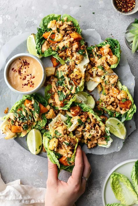 Thai Sweet Potato and Cauliflower Lettuce Wraps - Cupful of Kale Cauliflower Lettuce Wraps, Thai Sweet Potato, Sweet Potato Cauliflower, Tofu Lettuce Wraps, Thai Vegan, Salat Wraps, Vegan Lettuce Wraps, Vegetarian Wraps, Lettuce Wrap Recipes