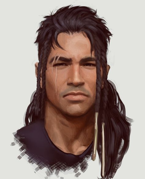 Character Design Native American, Native American Character Design Female, Native Dnd Character, Native American Man Drawing, Native American Cyberpunk Art, Native Oc Male, Dnd Native American, Native American Male Art, Native American Werewolf