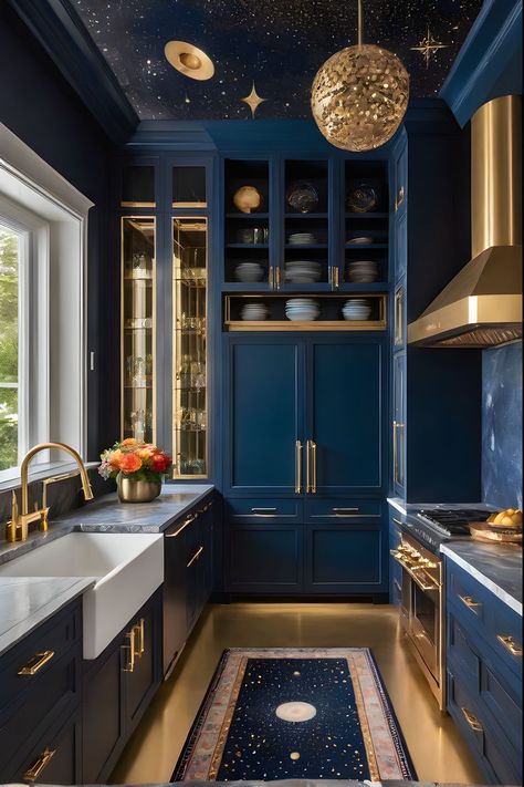 Pin, like, and follow for more celestial kitchen inspiration! Dive into a cosmic elegance kitchen where deep blue walls and gold accents meet vibrant boho decor. Discover astrology in every corner, from constellation murals to zodiac-inspired accessories. 🌟🔮 Celestial Kitchen, Eccentric Kitchen, Blue Kitchen Walls, Beautiful Kitchen Cabinets, Modular Kitchen Designs, Minimalist Kitchen Design, Hotel Room Design, Bathroom Tile Designs, Gold Kitchen