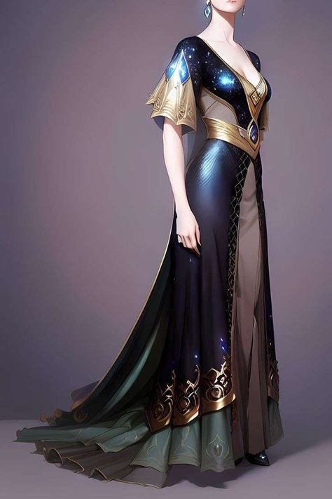 Blue Noble Dress, Sage Archetype Fashion, Fantasy Warrior Dress, Fantasy Fashion Inspiration, Space Fantasy Outfit, Fantasy Formal Wear, High Fantasy Clothing, Fantasy Gowns Warriors, Elven Archer