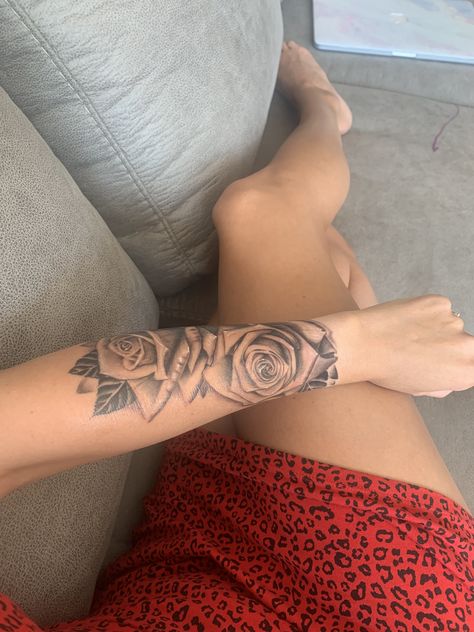 Roses On Forearm Tattoo Women, Rose Tattoo Lower Arm, Arm Roses Tattoo, Loyalty Arm Tattoo, Rose Tattoo Arm Sleeve, Arm Tattoos For Women Roses, Rose Upper Arm Tattoo, Last Name Tattoo For Women Arm, Rose Tattoo On Forearm For Women