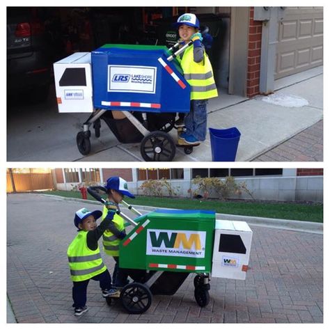 Garbage Truck Stroller Costume, Garbage Man Halloween Costume For Kids, Garbage Can Costume, Garbage Man Costume, Garbage Truck Costume, Halloween Wagon, Stroller Costume, Truck Costume, Garbage Truck Party