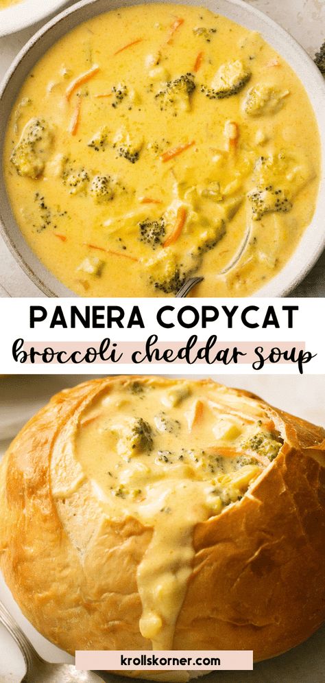 This Copycat Panera Broccoli Cheddar Soup is loaded with sharp cheddar cheese and broccoli and delicious served in a bread bowl! Cheddar Broccoli Bread Bowl, Panera Bread Cheddar Broccoli Soup, Broccoli Soup In Bread Bowl, Broccoli Cheddar Tortellini Soup, Panama Broccoli Cheese Soup, Copycat Mcalisters Broccoli Cheddar Soup, Broccoli Cheese Soup Bread Bowl, Bro I’ll Cheddar Soup, Panera Bread Broccoli Cheddar Soup Copycat Recipe