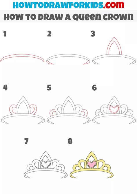 Crown Step By Step Drawing, Crown Canvas Painting, How To Draw A Tiara, How To Draw A Crown Step By Step, How To Draw A Crown, Crown Design Drawing, Queen Crown Drawing, Princess Crown Drawing, A Queen Crown