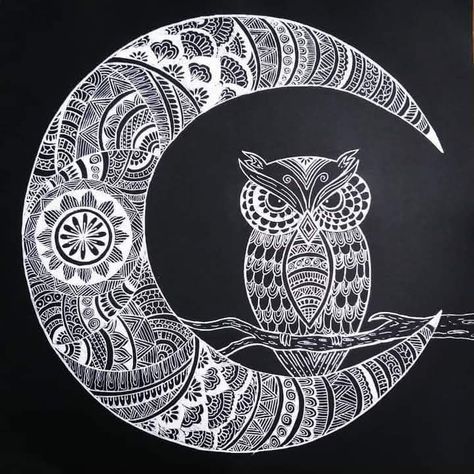 Its a mandala art of half moon and an owl sitting on a branch drawn by with whit pen on a black paper. Owl Mandala Drawing, Owl Mandala Art, Moon Mandala Art, Owl Doodle, Owl Mandala, Mandala Ideas, Indian Mythology, Moon Mandala, Black Paper Drawing