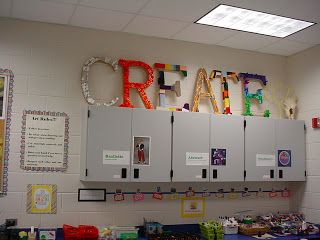 CREATIVE Classroom. This is an art room, but I love many of the ideas here for a 7-12 ELA classroom. The clock with time flies wings is so amusing. I also love the idea of the "create" letters. Each class could be responsible for decorating the large letters on during the first week of school.  Source: dolvinartknight.blogspot Art Classroom Organization, Art Room Posters, Elementary Art Rooms, Art Classroom Decor, Ela Classroom, School Room, Creative Classroom, Art Organization, Classroom Setup