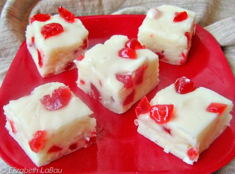 This creamy white fudge is dotted with striking glimmers of candied cherries. This makes a rich treat that is perfect for any season. Chocolate Cherry Fudge, Cherry Fudge, Divinity Candy, White Chocolate Cherry, Best White Chocolate, White Chocolate Fudge, White Chocolate Candy, Chocolate Candy Recipes, Vanilla Fudge