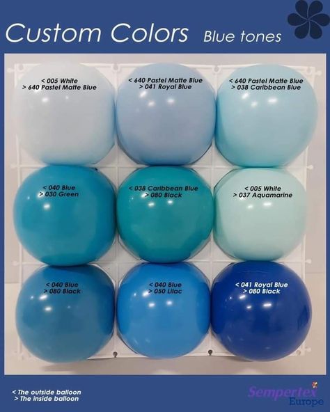 Custom Balloon Colors, Ballon Business, Balloon Decorations Diy Tutorials, Different Blue Colors, Carnival Baby Showers, Balloon Colors, Balloon Shades, Palette Blue, Balloon Clusters