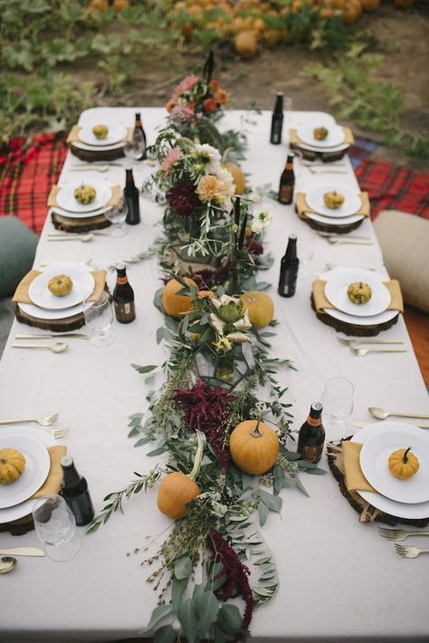 Autumn fall table settings, pumpkin patch from @bridalmusings Outdoor Fall Wedding Reception, Autumn Dinner Party, Halloween Wedding Decorations, Outdoor Dinner Party, Autumn Dinner, Fall Wedding Tables, Autumn Wedding Reception, Thanksgiving Wedding, Pumpkin Wedding