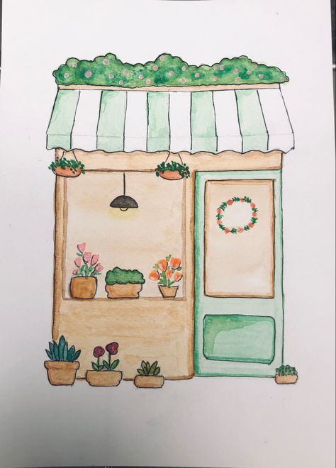 Simple Drawings With Watercolor, Drawing Easy Beginner, Easy Drawings Architecture, Illustration Beginner To Draw, Aesthetic Drawings For Beginners, Art Sketches Watercolor Easy, Aesthetic Easy Watercolor Paintings, Easy Watercolor Paintings For Beginners Aesthetic, Easy And Aesthetic Drawings