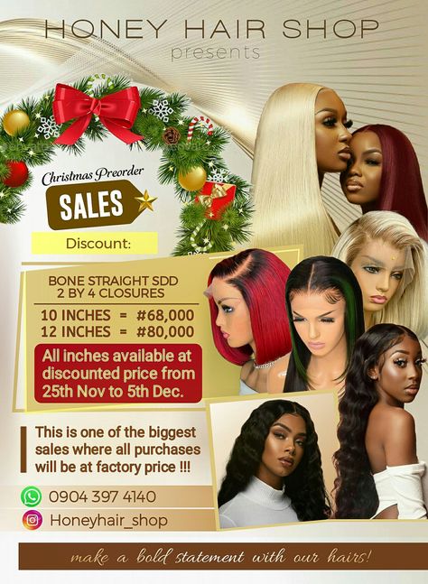 Flyer design idea for hair shop #Discount sales #Christmas #New year compliments Christmas Sales Flyer Design, Discount Flyer Design, Bone Straight Hair, Sales Flyer, Christmas Sales, Discount Design, Packaging Ideas Business, Business Flyers, Psd Flyer Templates