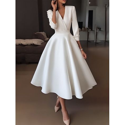 Cocktail Dress White Classy, White Sleeve Wedding Dress, White Cocktail Dress Winter, City Hall Wedding Dress Midi, Midi Wedding Gown, Satin Tea Length Wedding Dress, Satin Wrap Wedding Dress, Retro Wedding Dress Vintage, Ballgown Bustle Wedding