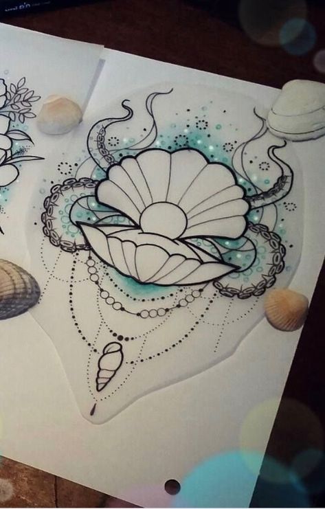 Ocean Neck Tattoo, Dark Disney Tattoos Ideas, Thigh Tattoos Women Ocean, Ocean Tattoos Sleeve Underwater, Mermaid Shoulder Tattoo, Seashell Tattoo Design, Clam Shell Tattoo, Deep Sea Tattoo, Ocean Themed Tattoos For Women