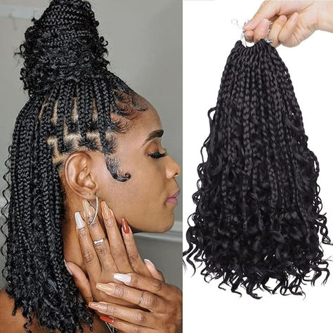 COOKOO 12 Inch Goddess Box Braids Crochet Hair 8 Pack Synthetic Bohemian Hippie Box Braids Crochet Hair Pre-looped With Curly Ends Braiding Hair for Black Women1B# Boho Knotless Braids Crochet, Crochet Goddess Box Braids, Crotchet Braids Crochet, Crochet Braid Styles Ideas, Crochet Styles For Black Women, Crochet Braids For Black Women, Bohemian Updo Hairstyles, Bohemian Crochet Braids, Bohemian Crochet Hair