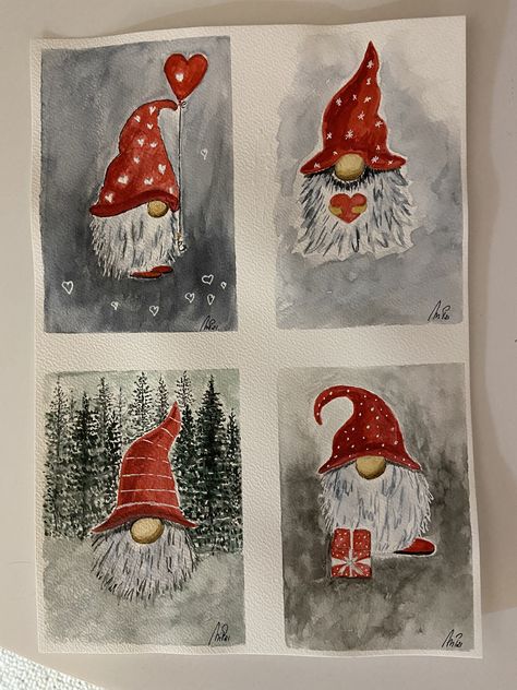 Watercolour Christmas Gnomes, Watercolor Gnomes Christmas, Watercolor Gnomes, Watercolor Christmas Cards Diy, Santa Paintings, Simple Christmas Cards, Christmas Card Art, Watercolor Christmas Cards, Christmas Card Crafts