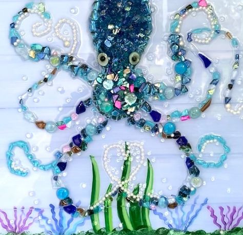 Broken Glass Crafts, Glass Octopus, Sea Glass Mosaic, Beach Glass Art, Octopus Art, Crushed Glass, Outdoor Wall Art, Sea Art, Sea Glass Art