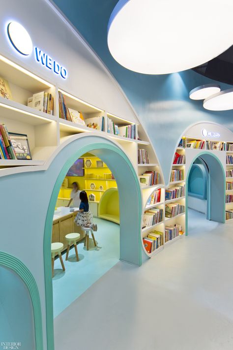 Panorama Design Group Creates a Playful Kids Bookshop in Chengdu Bookstore Interior Design, Bookstore Interior, Bookstore Design, Classroom Interior, Children's Library, Kids Cafe, Kindergarten Design, Childrens Library, Custom Shelving