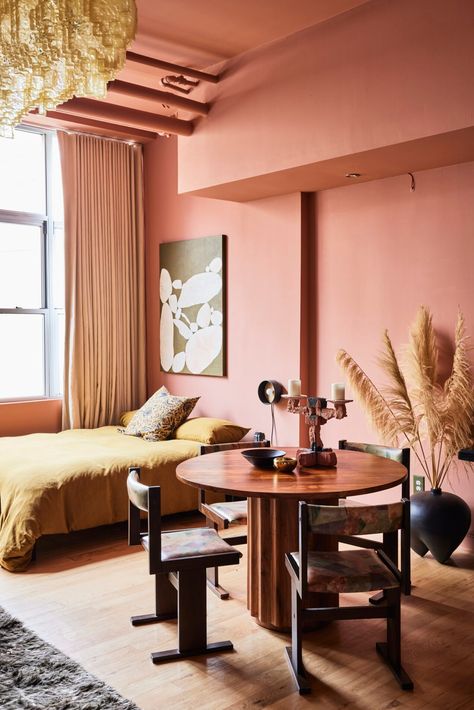 Porter Hovey Painted Her Whole Apartment Pink, Even the Ceilings | Cup of Jo Pink Bedroom Ceiling, Clay Pink Bedroom, Pink And Brown Interior, Terracotta Pink Bedroom, Pink Paint Bedroom, Pink Living Room Paint, Painted Ceiling Ideas, Coloured Ceiling, Apartment Pink