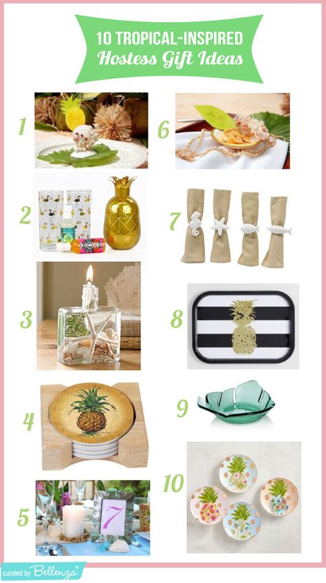 10 Tropical-inspired Hostess Gift Ideas from Shell Dishes to Soaps. Tropical Giveaway Ideas, Hawian Themed Gifts, Beach House Hostess Gift Ideas, Wedding Favors Tropical Theme, Tropical Desserts, Beachfront Cottage, Tropical Gifts, Small Palms, Summer Gathering