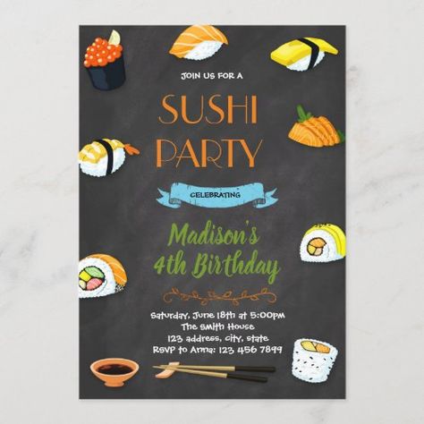 50 Birthday Invitations, Sushi Birthday Party, Sushi Birthday, Japanese Birthday, Japanese Kids, Sushi Party, 50 Birthday, 50th Birthday Invitations, Teen Birthday