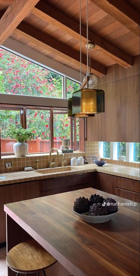 Wrap Around Windows, Malibu House, 70s House, Wood Island, Kitchen Aesthetic, Chef Kitchen, Warm Lighting, A Cabin, Dream House Interior