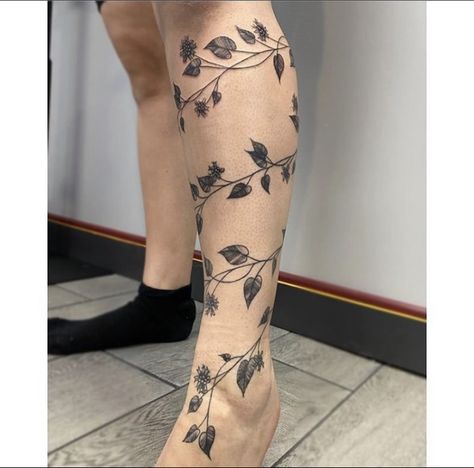 Leg Ivy Tattoo, Golden Pathos Tattoos, Leaf Vine Wrap Around Tattoo Leg, Vines Up Leg Tattoo, Ivy Wrapped Around Arm Tattoo, Ivy Tattoo Leg, Foot Vine Tattoo, Leg Tattoos Vines, Poison Ivy Vine Tattoo