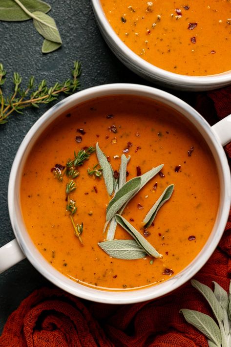 Creamy Roasted Red Pepper + Tomato Soup Onion Substitute, Red Pepper Tomato Soup, Tomato Soup Grilled Cheese, Healthy Hearty Meals, Roasted Red Pepper Soup, Red Pepper Soup, Red Bell Peppers, Basil Soup, Roasted Butternut Squash Soup