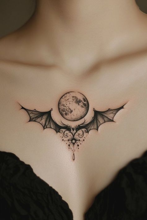 Women's Chest Tattoo Ideas, Underbust Tattoos For Women, Hip Tattoos Women Moon, Elegant Chest Tattoo Female, Chest Woman Tattoo, Bat Sternum Tattoo Women, Gothic Sternum Tattoo Women, Halloween Chest Tattoo, Spooky Chest Tattoo