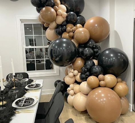 30th Birthday Ideas For Men Decorations Balloons, Black Brown Birthday Decor, Black And Neutral Balloon Garland, 21st House Party Ideas Decorations, Black And Brown Birthday Decor, Balloon Colors For Men, Black And Tan Balloon Arch, Mens Birthday Balloons, Black And Brown Party Theme