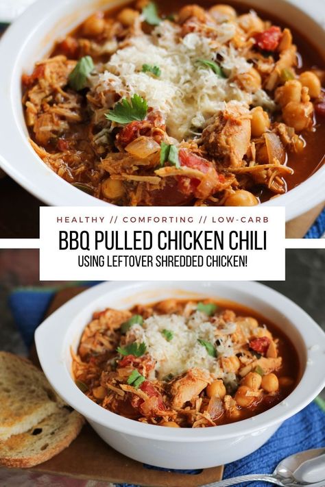 Recipes With Pulled Chicken Leftovers, Pulled Rotisserie Chicken Recipes, Chili With Garbanzo Beans, Easiest Chili Recipe, Leftover Bbq Chicken Recipes, Barbecue Pulled Chicken, Sweet Chili Recipe, Shredded Chicken Chili, Bbq Pulled Chicken Recipes