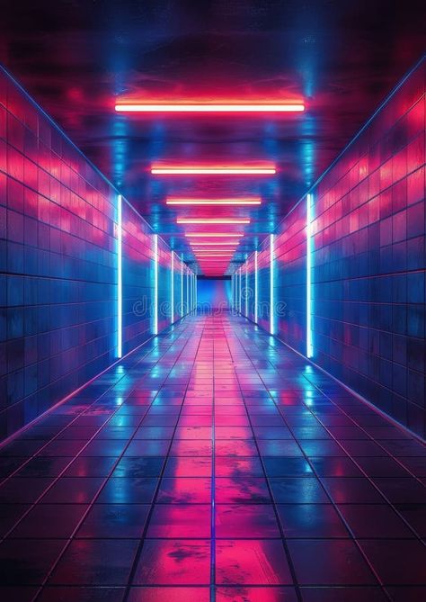 Neon-Lit Hallway With Tiled Floors stock images High School Hallway, Long Corridor, School Hallway, Tiled Floors, School Hallways, High Aesthetic, Long Hallway, Flyer Ideas, Neon Lights